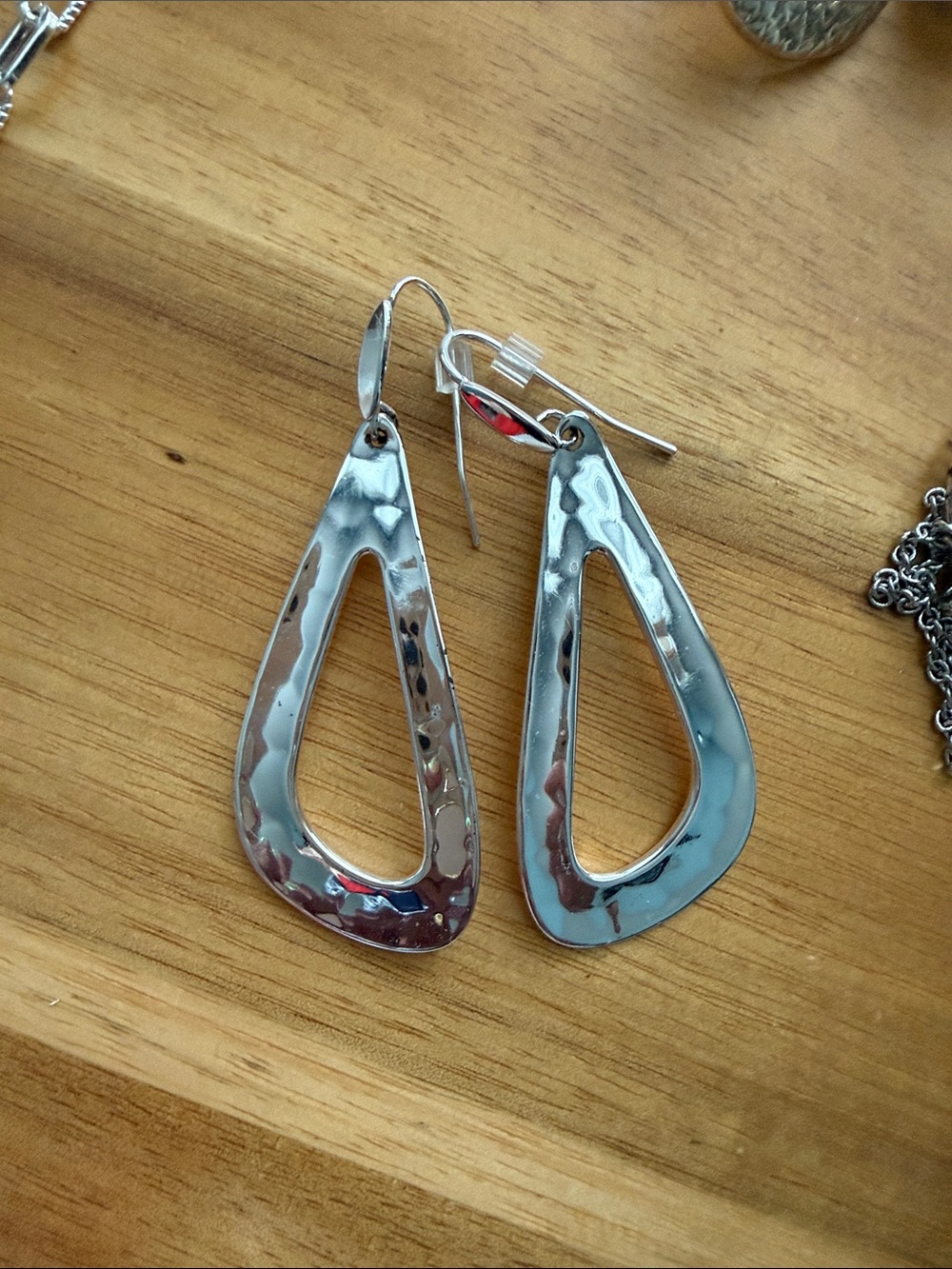 Hammered Teardrop Dangle Earrings - Silver Tone